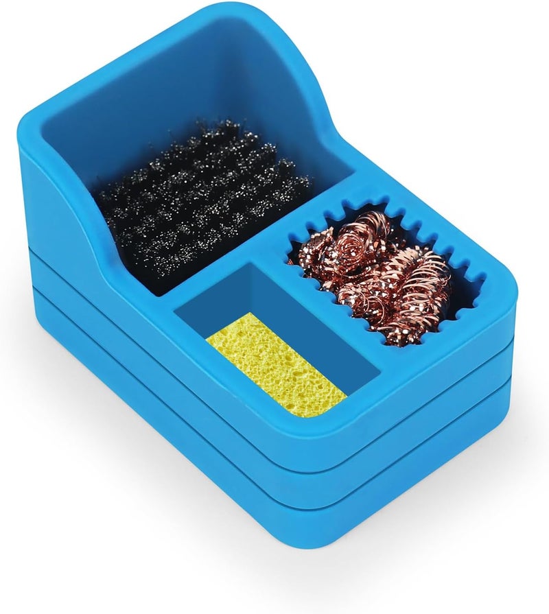 EOOKU Soldering Iron Tip Cleaner Kit with Brass Wool, Sponge,Steel Brush in Blue Silicone Holder – Heat and Scratch Resistant Cleaning Tool for Soldering, Electronics Repair,DIY Projectst - Image 1